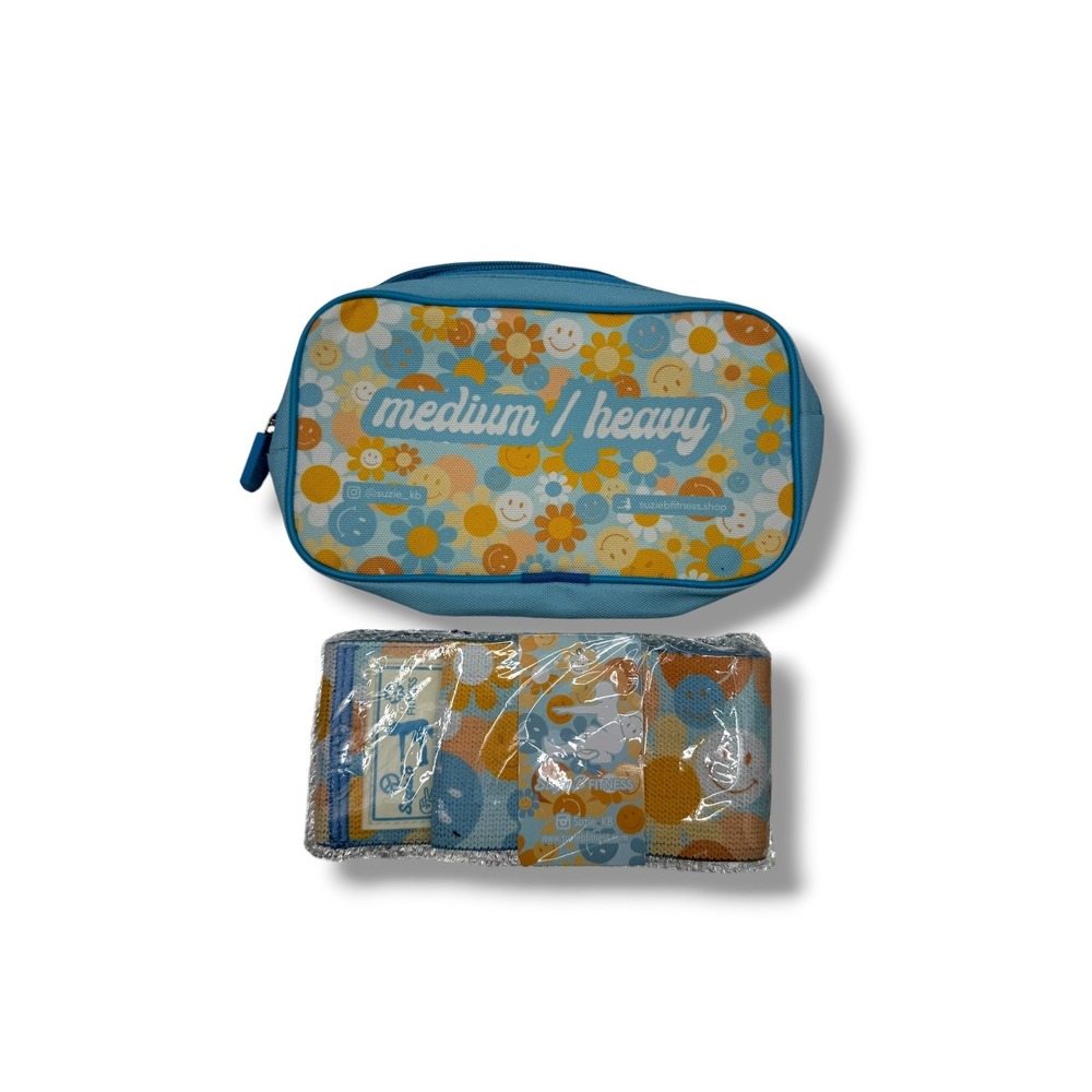 SuzieB Fitness Glute Band Set Medium Heavy Floral Smiley Booty Resistance‎ + Bag